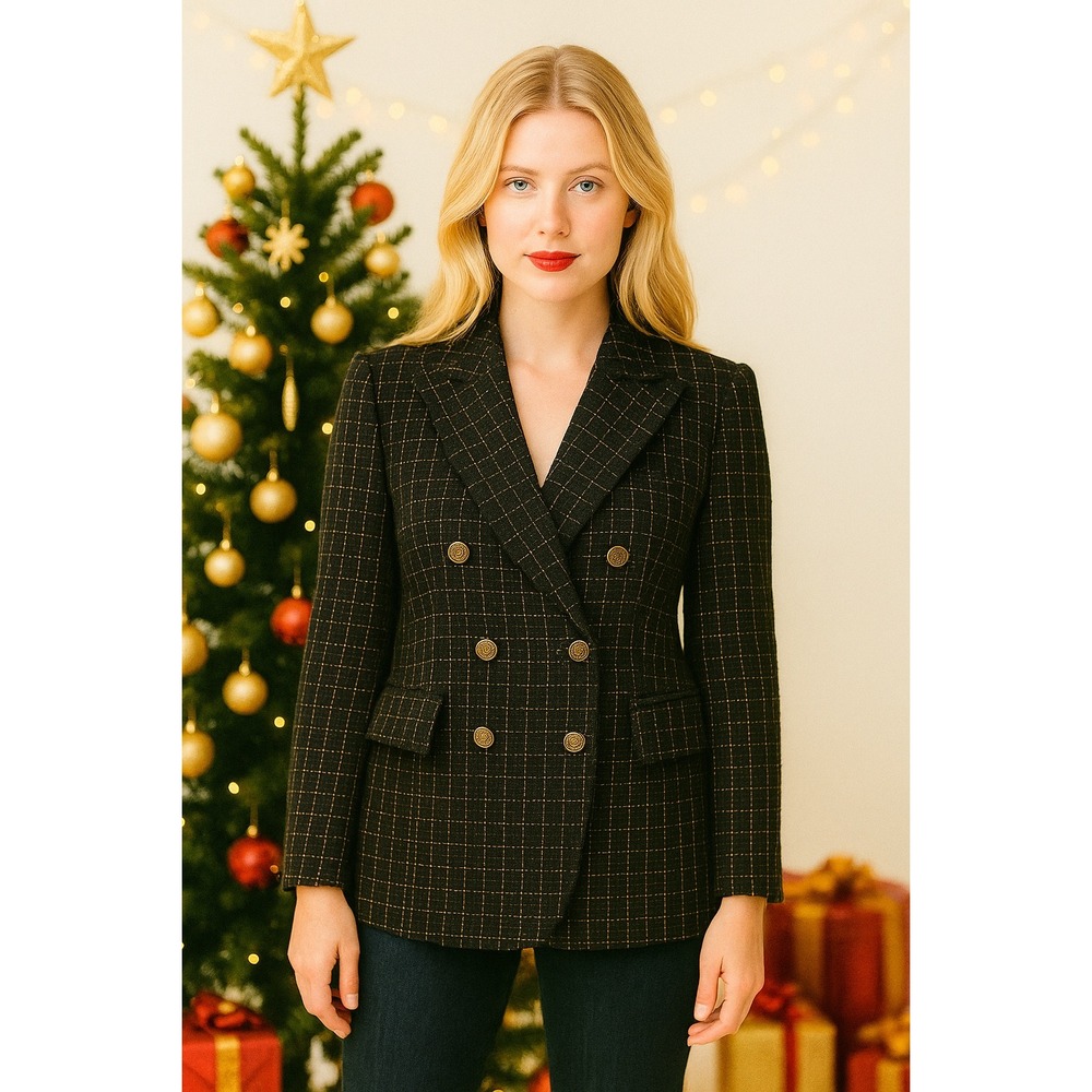 Mina Self Black Plaid Double Breasted‎ Blazer Jacket Textured Gold Thread M